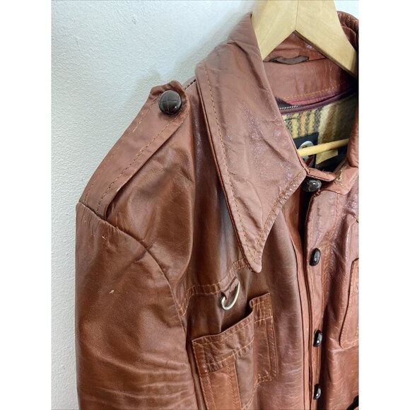 Vintage Rice Sports Wear 70s Men 42 Brown Leather Hipster Mod Disco Plaid Coat - Picture 2 of 12